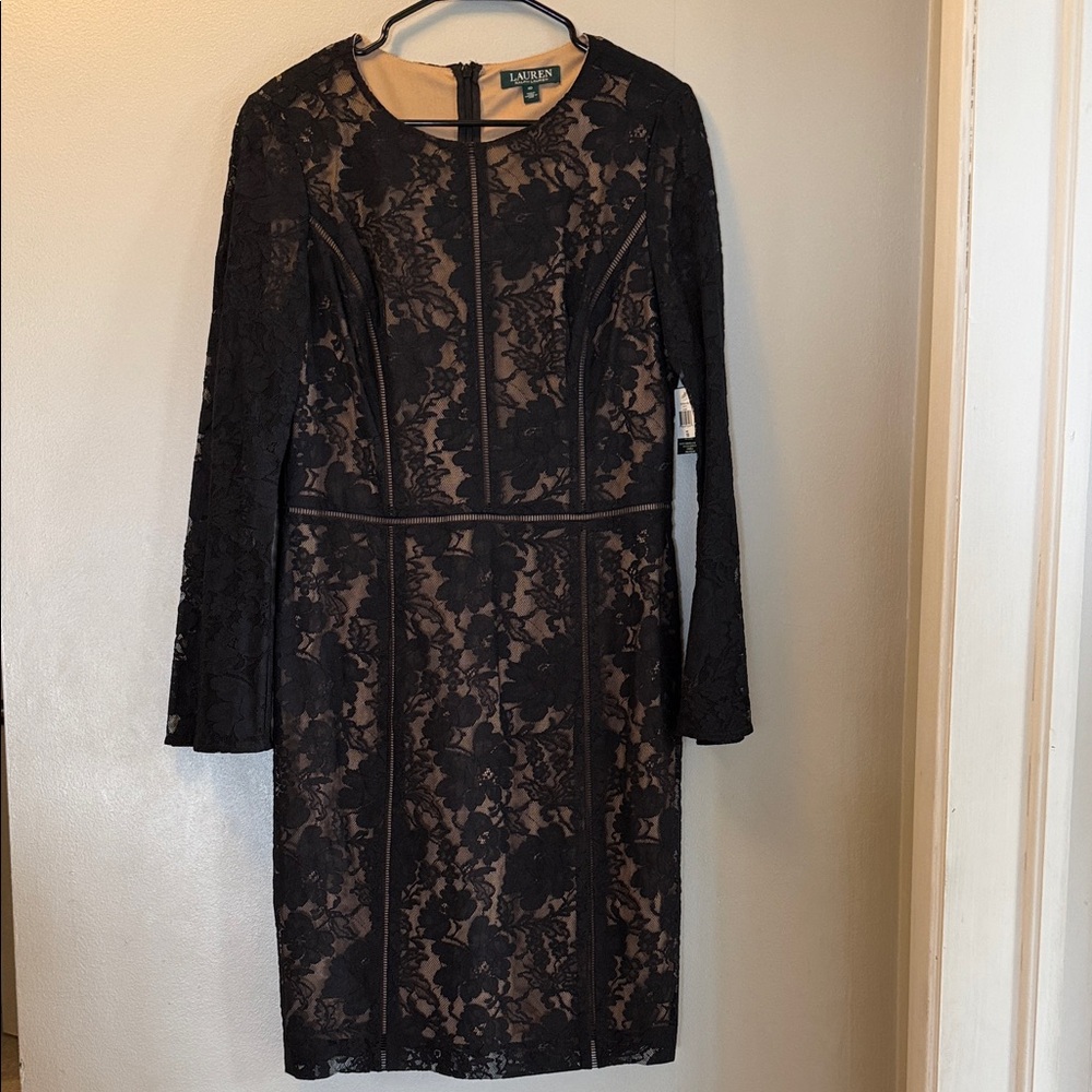 Ralph Lauren NWT Black Lace Bell Sleeve Dress Cocktail Wedding Guest Dress
